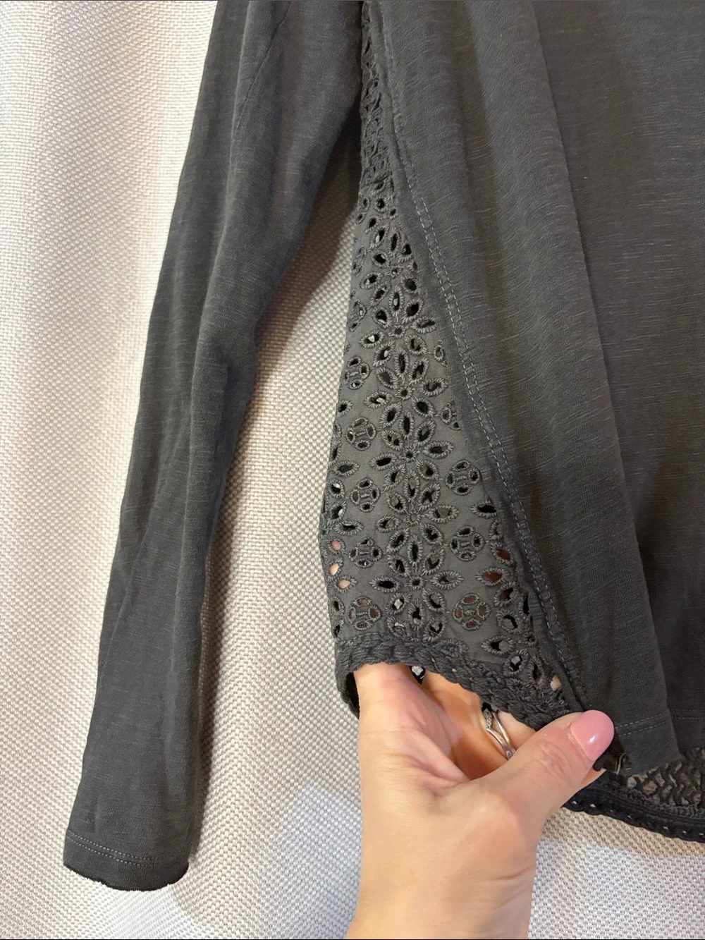 Free People Charcoal Lace-Panel Long Sleeve Top
